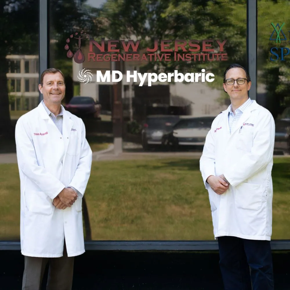 Two doctors in front of MD Hyperbaric's Parsippany location